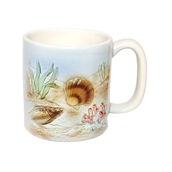 Vintage 80s Otagiri 3D Seashell Coffee Mug Beach Ocean Nautical Blue Brown - Picture 1 of 7